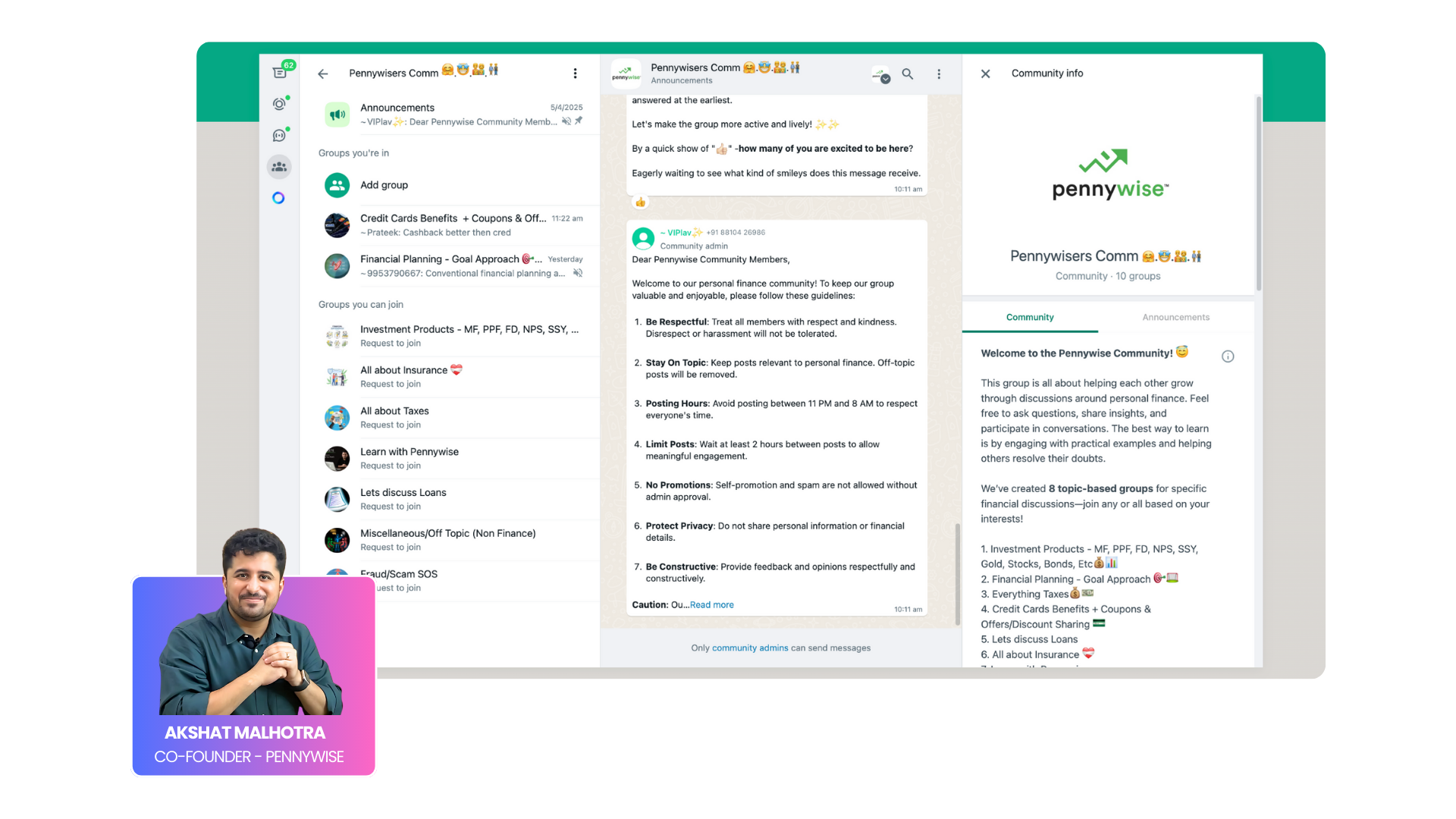 whatsapp community by Akshat Mahotra, co -founder pennywise