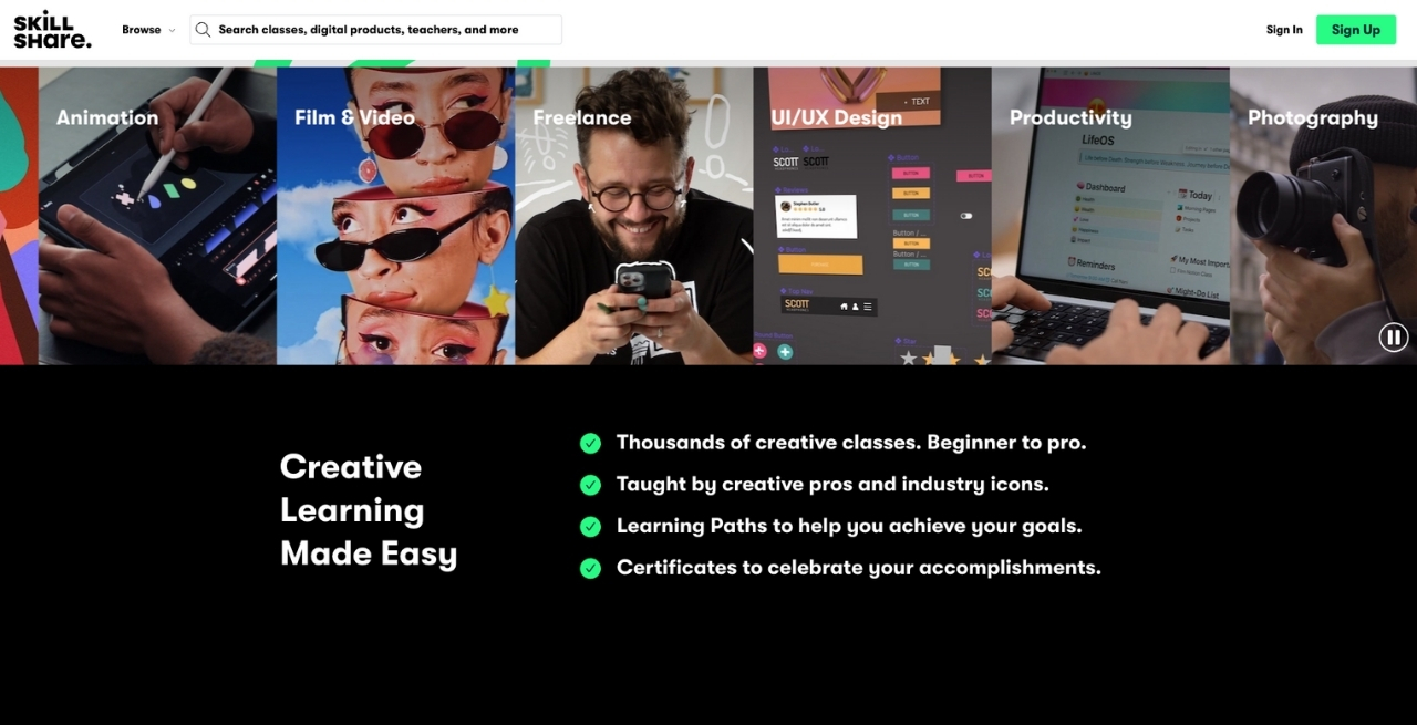 Skillshare interface showcasing creative online course creation tools