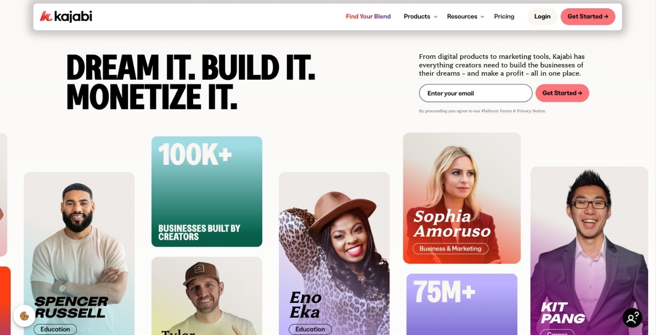 Kajabi dashboard highlighting course building and marketing features